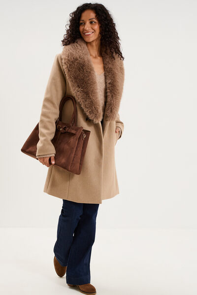 Manteau col fausse fourrure amovible taupe femme