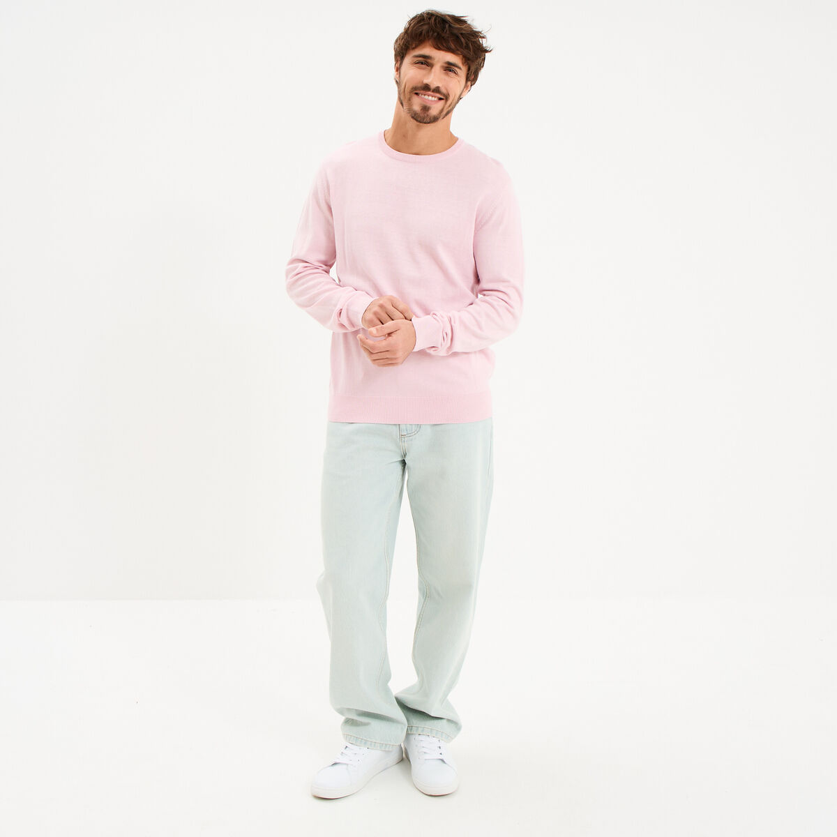 Pull droit col rond coton m&eacute;lang&eacute; rose pastel homme