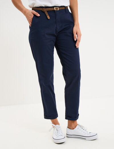 Pantalon chino 7/8&egrave;me ceinture tress&eacute;e bleu marine femme