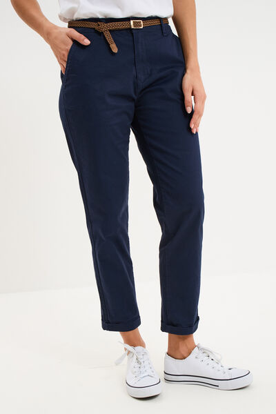 Pantalon chino 7/8&egrave;me ceinture tress&eacute;e bleu marine femme