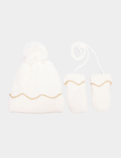Ensemble tricoté bonnet et moufles ivoire bébé fille