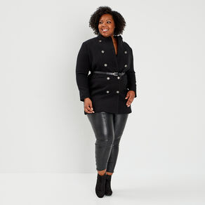 Manteau esprit officier droit ceinturé noir femme grande taille
