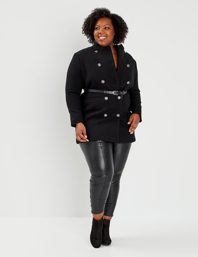 Manteau esprit officier droit ceinturé noir femme grande taille