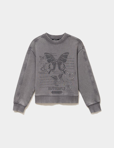 Sweat effet d&eacute;lav&eacute; &agrave; clous coton gris fille