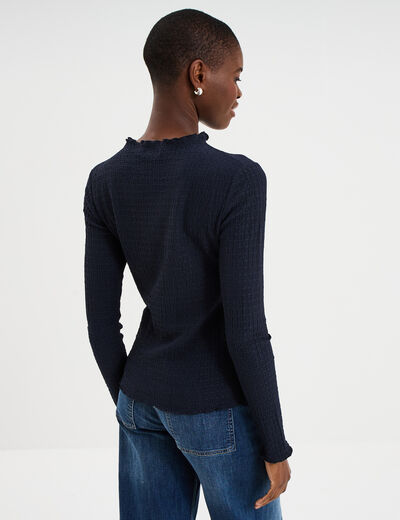 T-shirt effet gaufr&eacute; col montant bleu fonc&eacute; femme