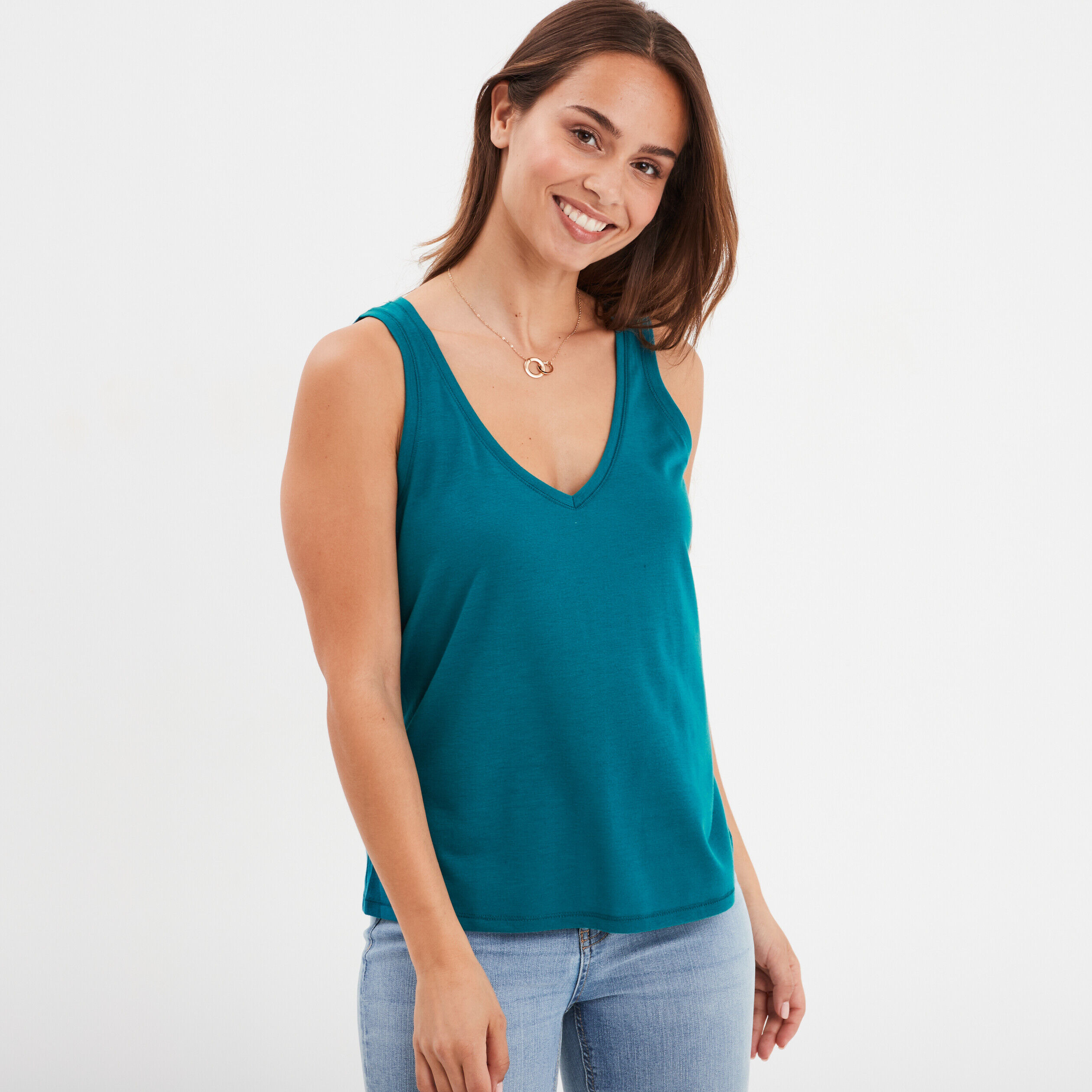 Débardeur col en V sans manches bleu canard femme LH