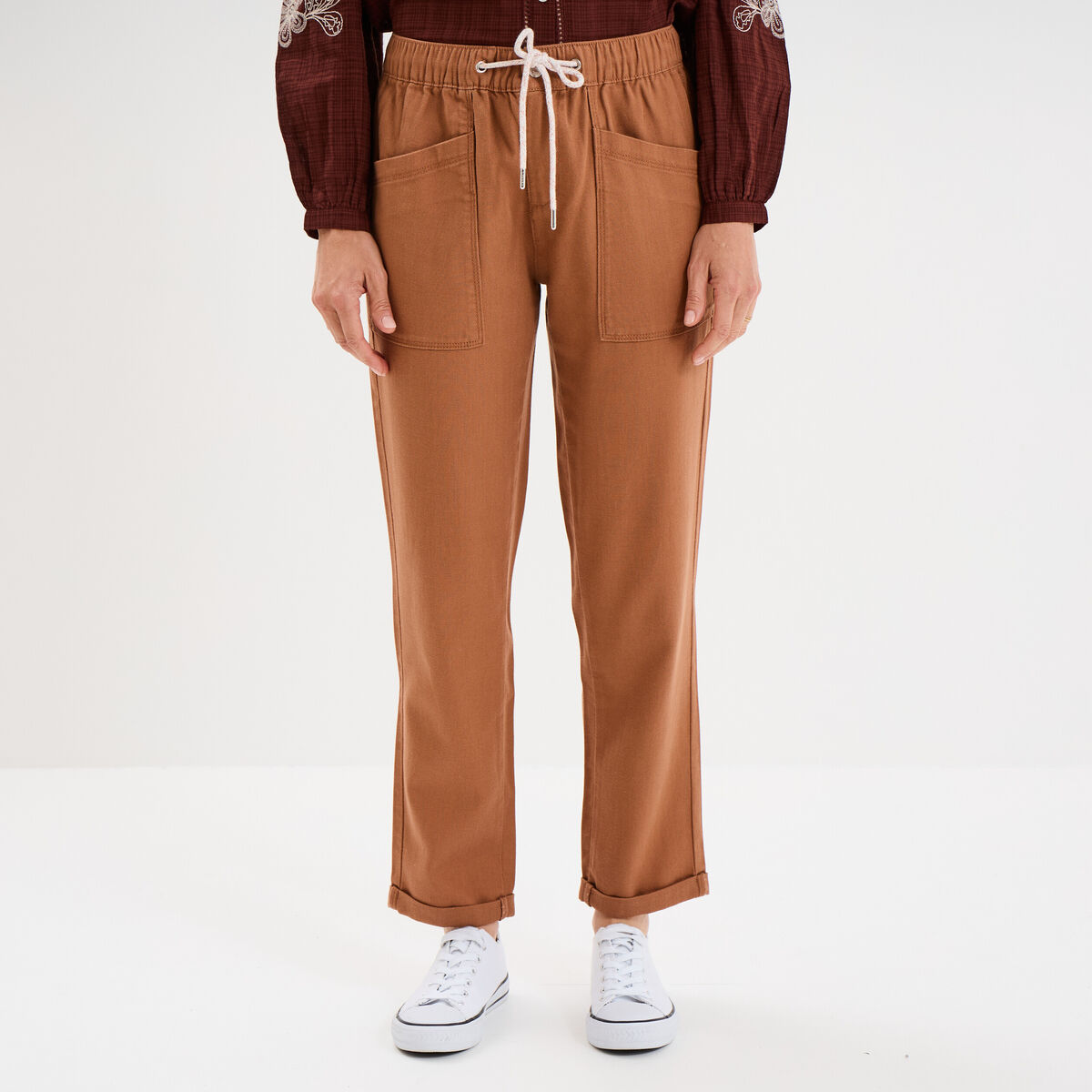 Pantalon droit taille élastiquée marron clair femme