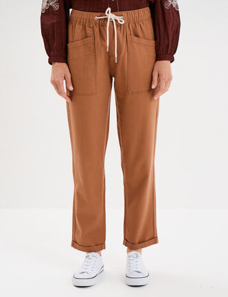 Pantalon droit taille élastiquée marron clair femme