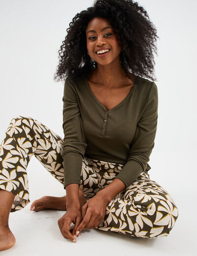 Ensemble pyjama manches longues 2 pièces vert kaki femme