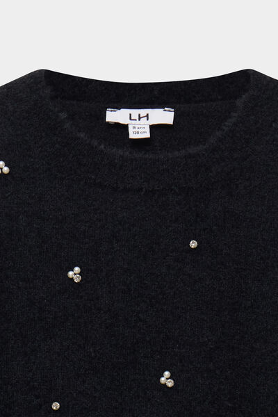 Pull droit col rond &agrave; strass et perles noir fille