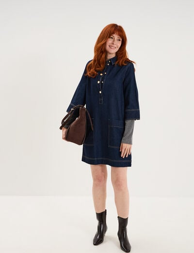 Robe courte en jean col chemise coton denim brut femme