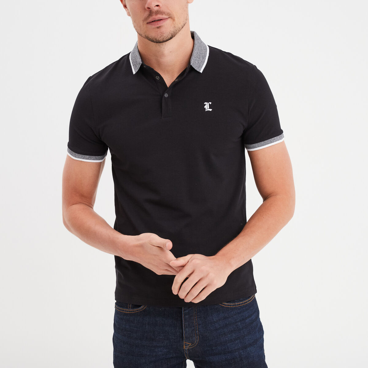Polo coton stretch droit manches courtes noir homme