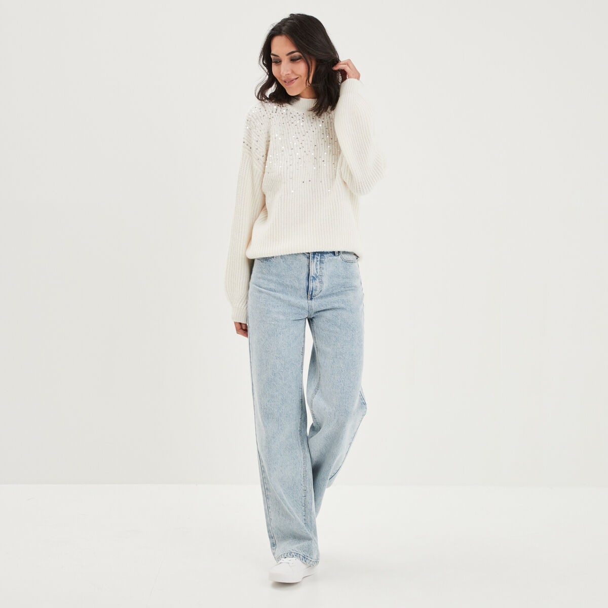Pull côtelé à sequins et col montant blanc femme