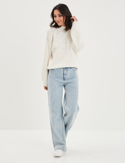 Pull côtelé à sequins et col montant blanc femme