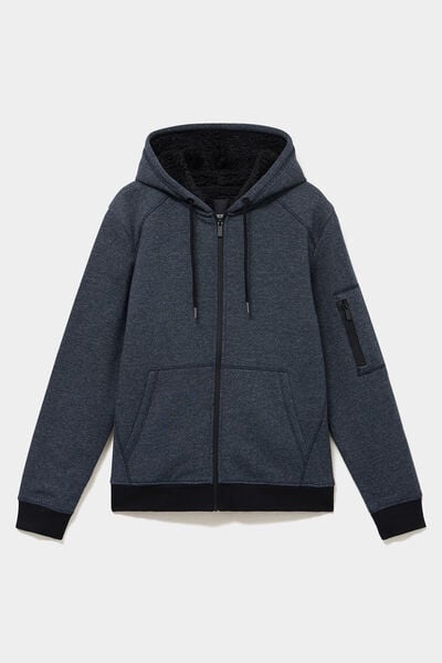Sweat zipp&eacute; molleton doubl&eacute; sherpa bleu marine homme