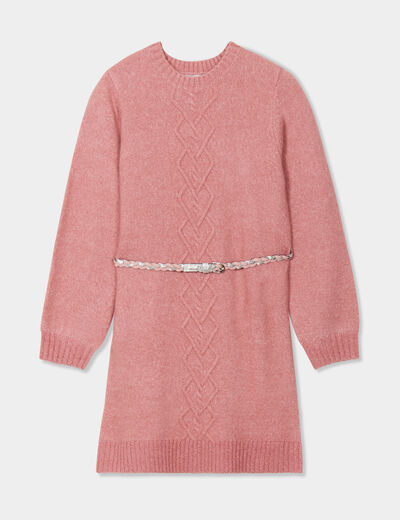 Robe pull courte avec ceinture tressée vieux rose fille
