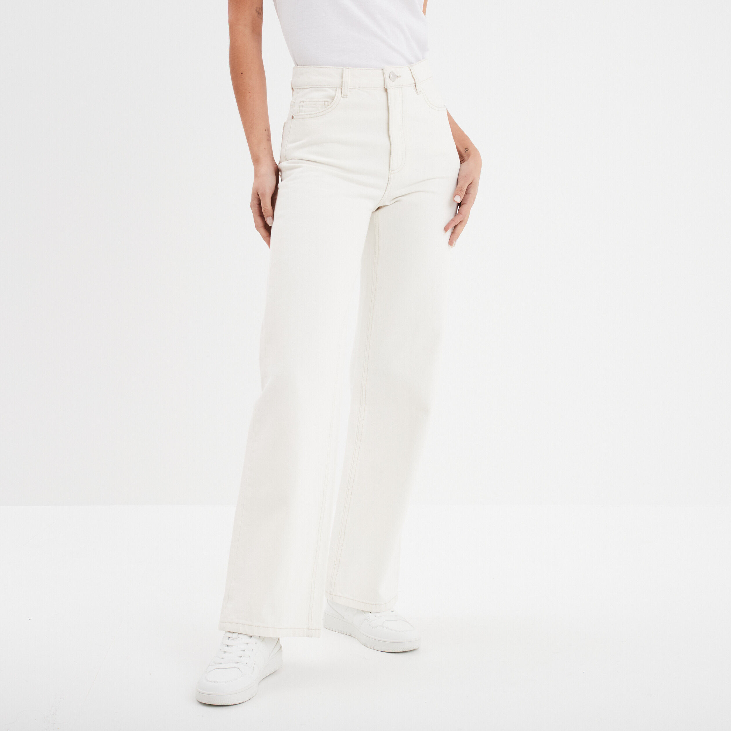 Jeans wide leg taille haute coton ivoire femme CREEKS