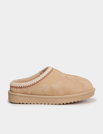 Mules fourr&eacute;es d&eacute;tails brod&eacute;s sable femme