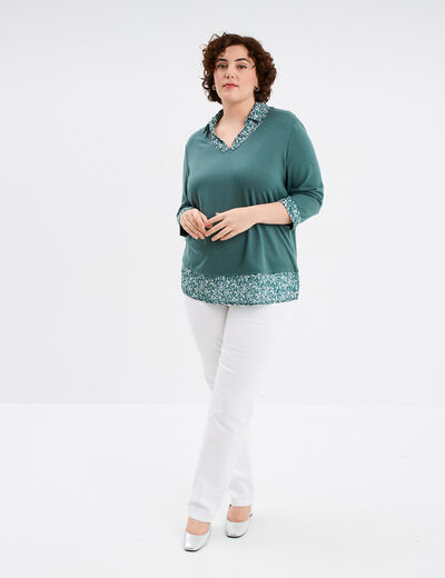 Pull 2-en-1 col chemise manches 3/4 vert foncé femme grande taille