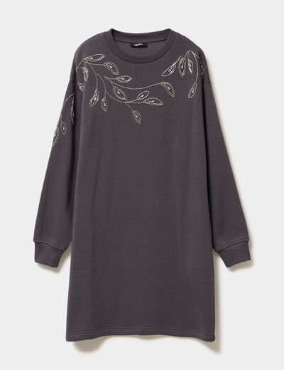 Robe pull d&eacute;tails strass gris fonc&eacute; femme