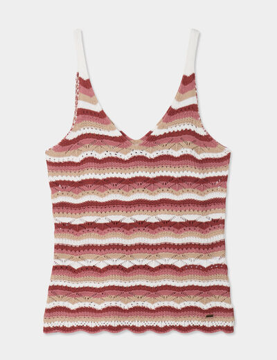 Débardeur tricot ajouré col en V beige femme