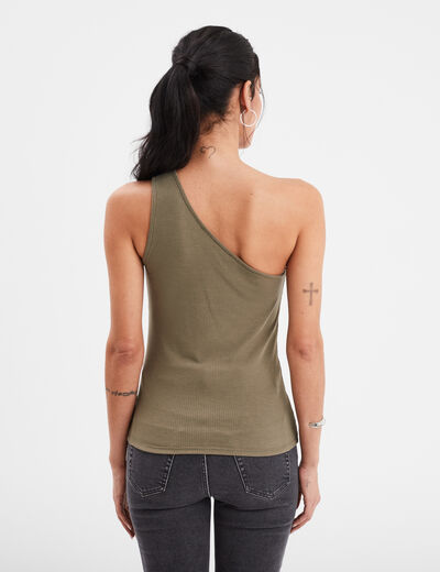 Débardeur asymétrique côtelé vert kaki femme
