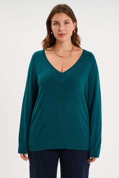 Pull fin col en V manches longues vert fonc&eacute; femme grande taille