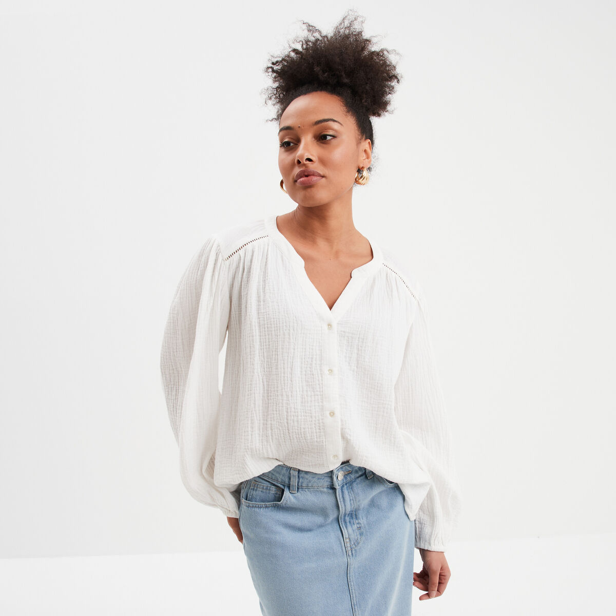 Blouse col tunisien gaze de coton Creeks blanc femme