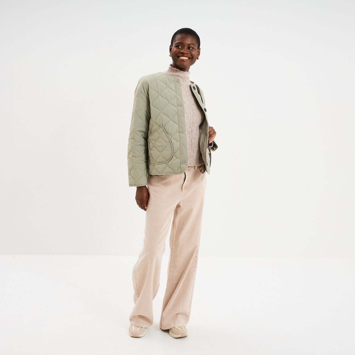 Veste matelass&eacute;e boutonn&eacute;e col rond vert kaki femme