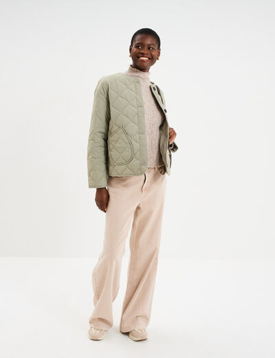 Veste matelass&eacute;e boutonn&eacute;e col rond vert kaki femme