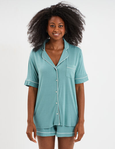 Ensemble pyjama fluide short et chemise bleu gris femme