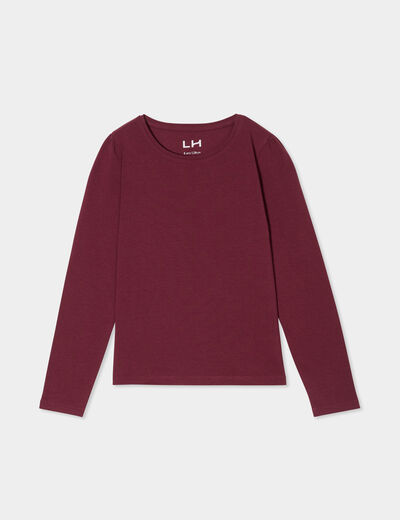 T-shirt coton manches longues à fronces bordeaux fille