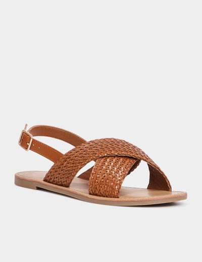 Sandales plates brides tressées croisées marron femme