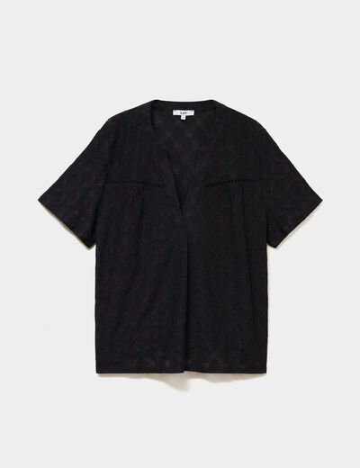 T-shirt broderie anglaise col tunisien noir femme