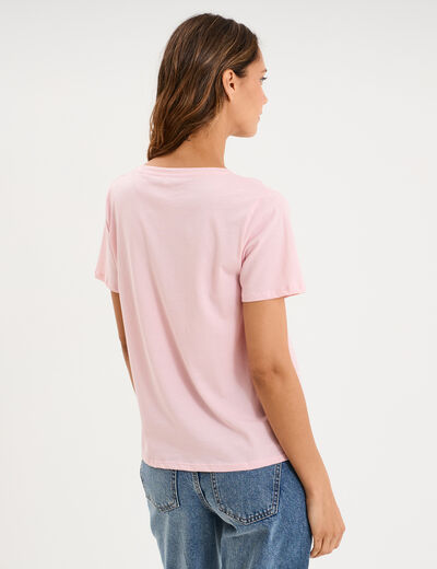 T-shirt manches courtes col en V coton rose clair femme