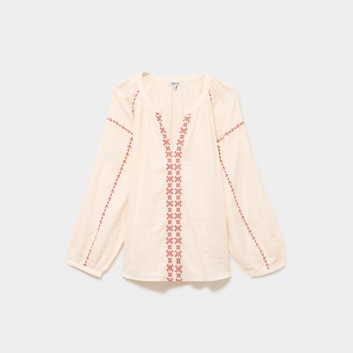 Blouse brod&eacute;e manches longues coton beige femme grande taille