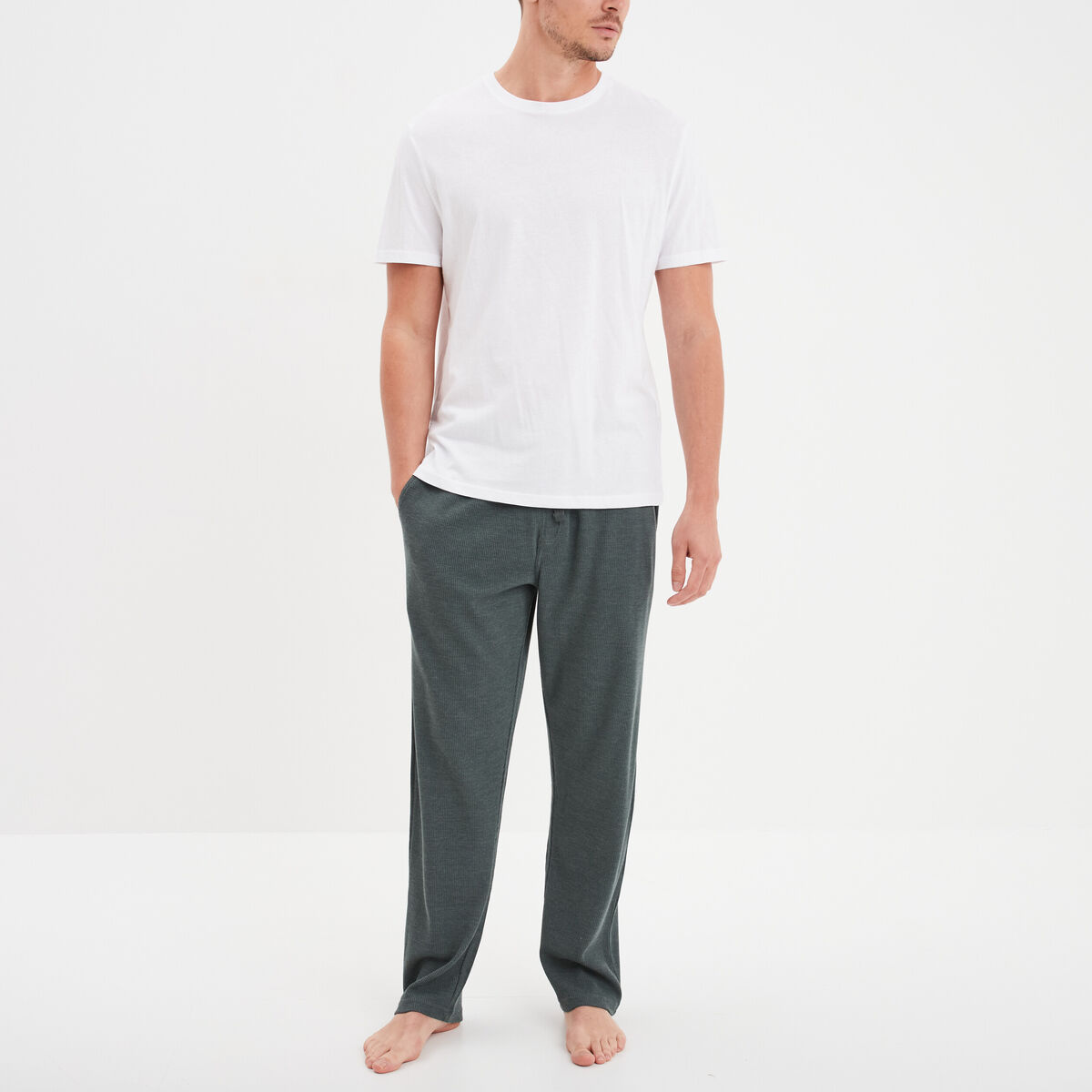 Pantalon de pyjama coton vert kaki homme