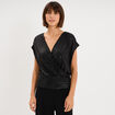 T-shirt &agrave; paillettes col cache-coeur noir femme