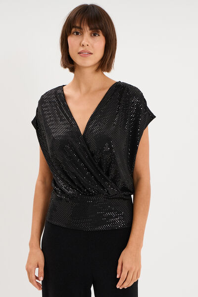 T-shirt &agrave; paillettes col cache-coeur noir femme