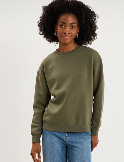 Sweat col rond manches longues vert kaki femme