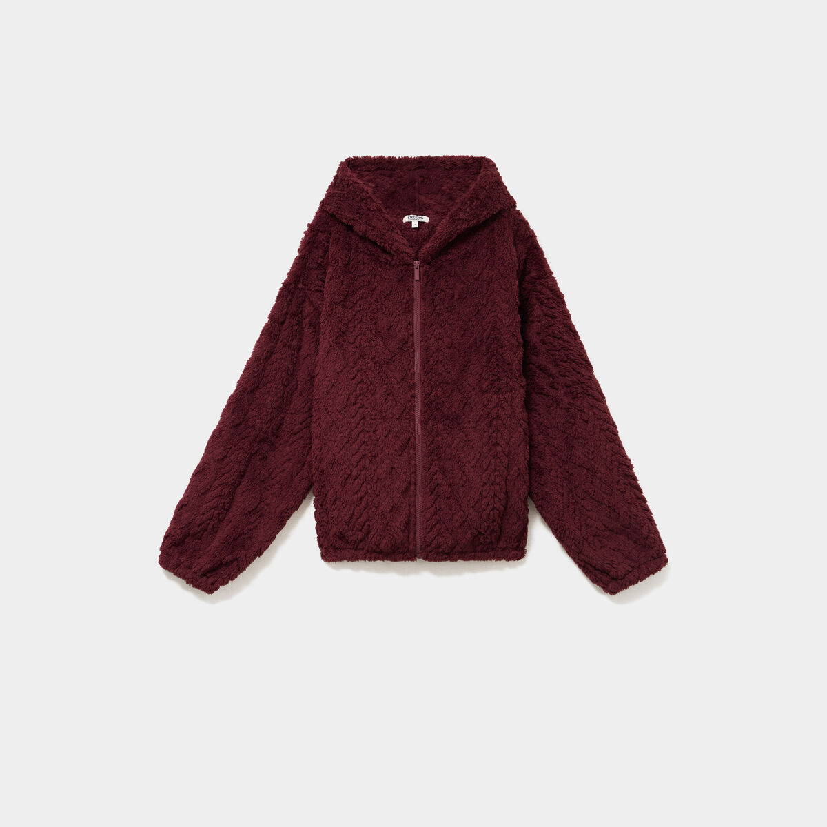 Veste fausse fourrure &agrave; capuche prune femme