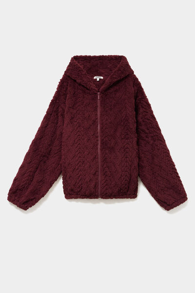 Veste fausse fourrure &agrave; capuche prune femme