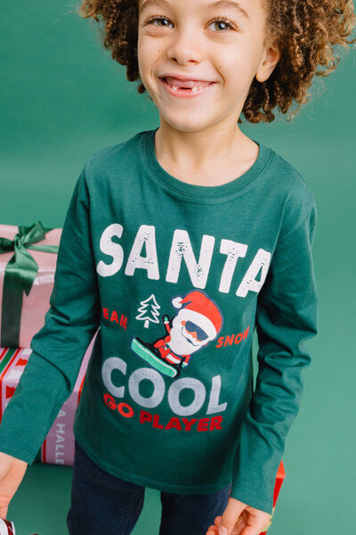 T-shirt de No&euml;l manches longues coton vert fonc&eacute; gar&ccedil;on