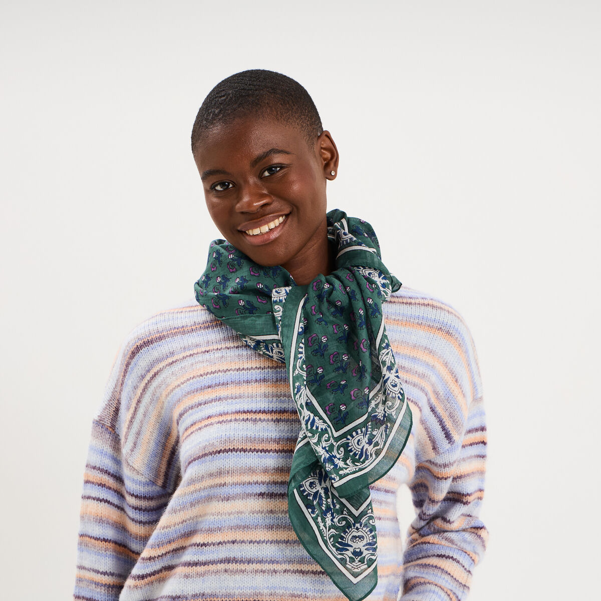 Foulard carr&eacute; coton vert femme