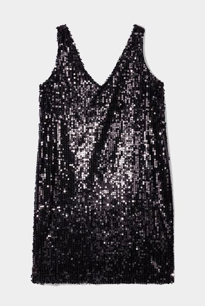 Robe à sequins courte trapèze bretelles noir femme