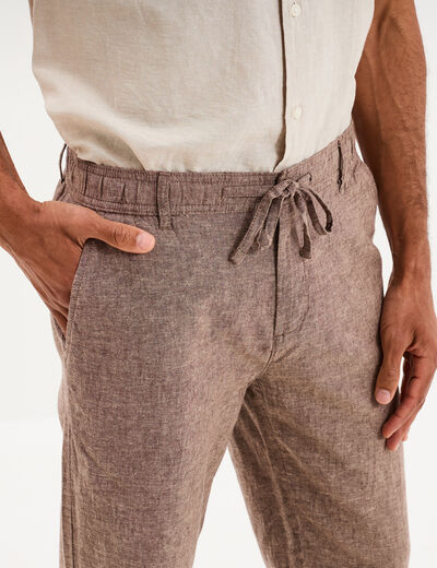 Pantalon chino droit lin m&eacute;lang&eacute; marron homme