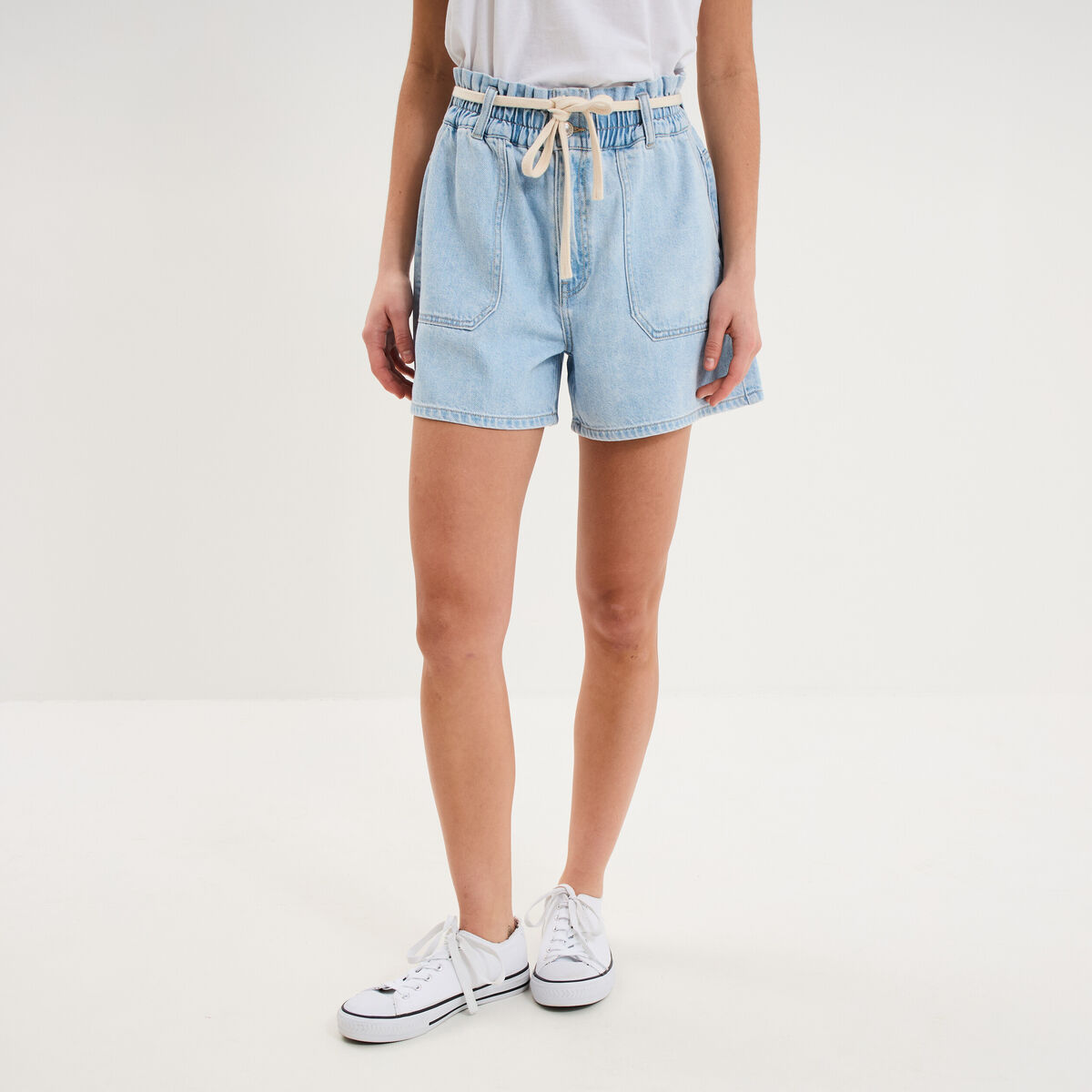 Short mom en jean ceinture cordon denim triple stone femme