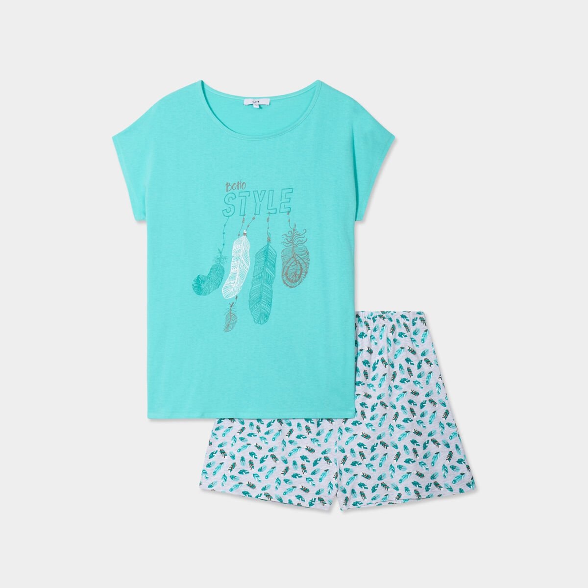Ensemble pyjama short et t-shirt coton bleu turquoise femme