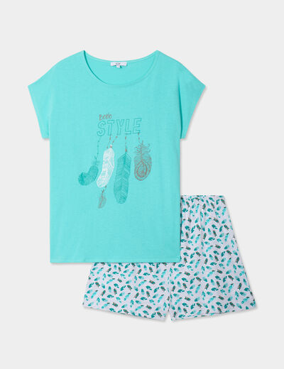 Ensemble pyjama short et t-shirt coton bleu turquoise femme
