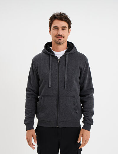 Sweat zippé doublure effet sherpa gris foncé homme